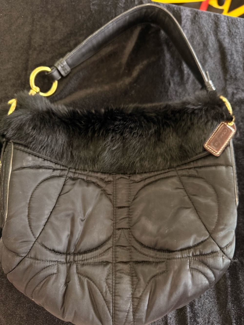 Coach Black Quilted Shoulder Bag with Faux Fur Trim
